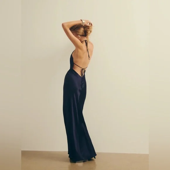 NEW Reformation Jeany Silk Long Dress Backless Formal Navy | Size M - Picture 4 of 13
